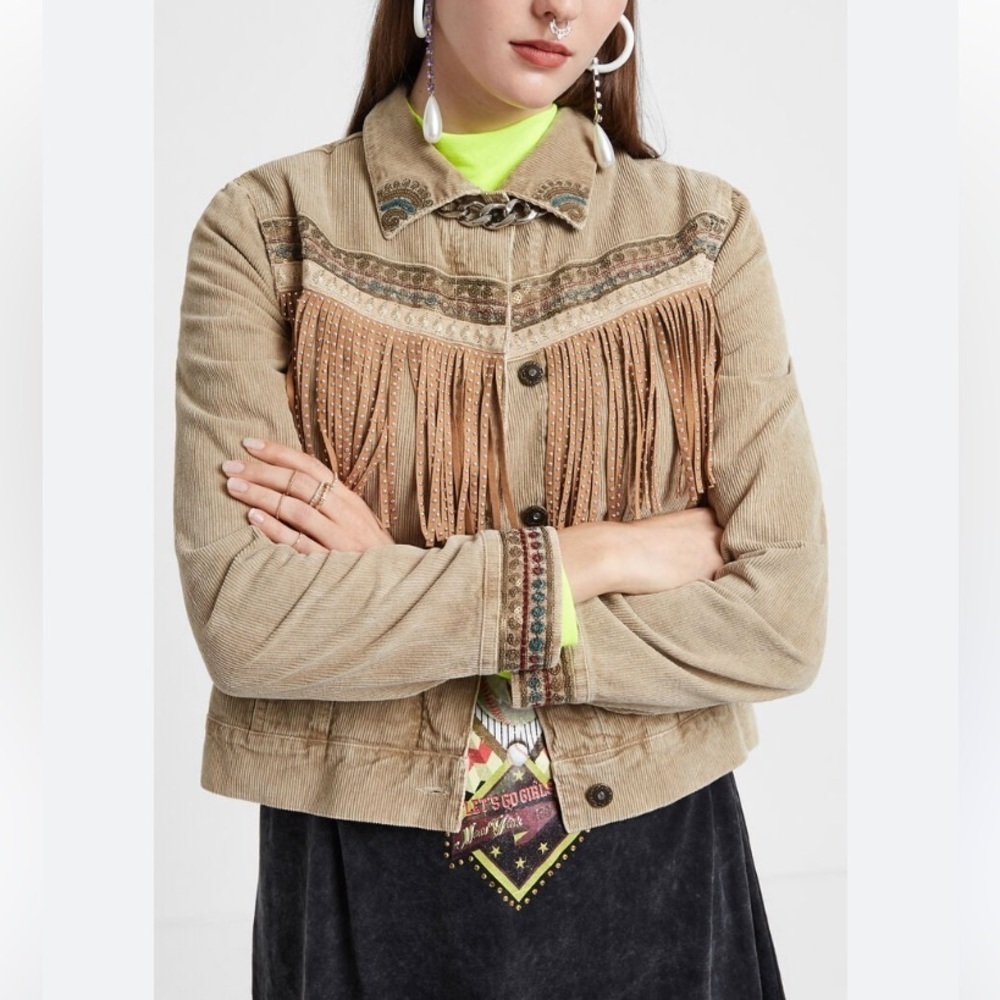 Desigual Western Fringe Embroidered Corduroy Jacket NWOT Boho Fleece lined